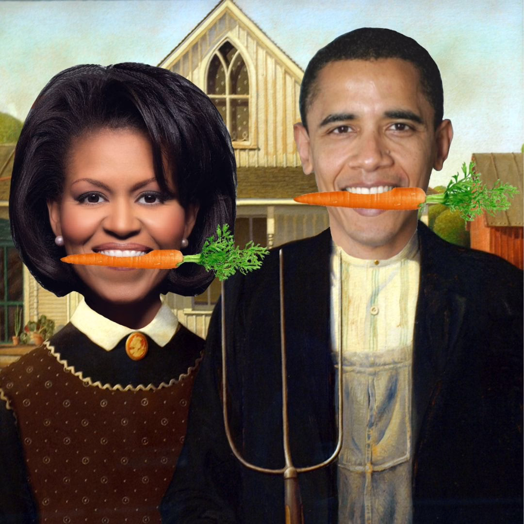 A parody of Grant Wood's American Gothic with Barack and Michelle Obama's faces, each holding a carrot in their teeth.