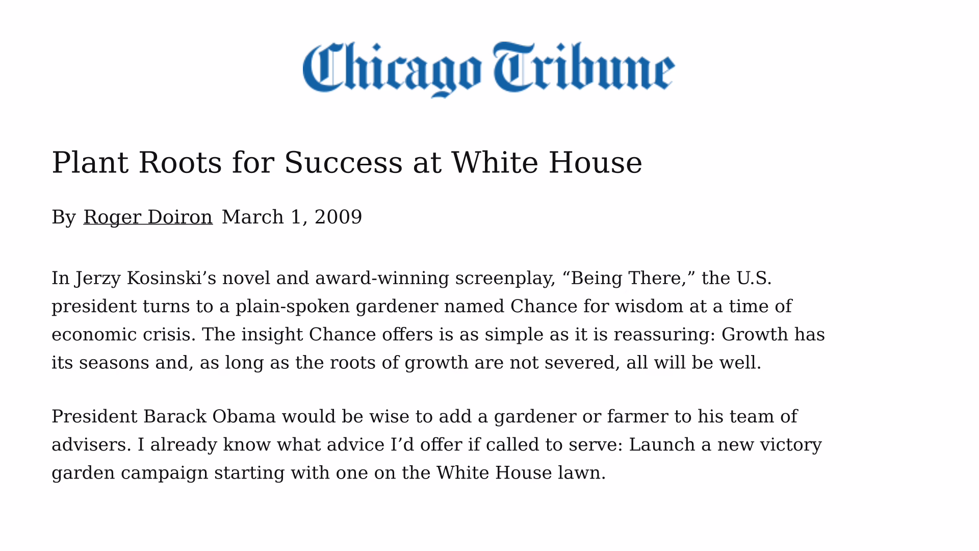 Clipping of Roger Doiron's op-ed in the Chicago Tribune, March 1, 2009, headlined 2009 version of victory garden could sprout success for U.S.