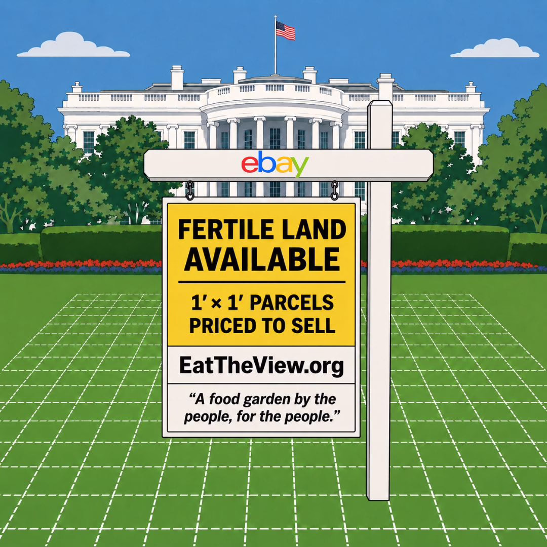 A mock real estate sign on the White House lawn reading Fertile Land Available, one foot by one foot parcels priced to sell, EatTheView.org.